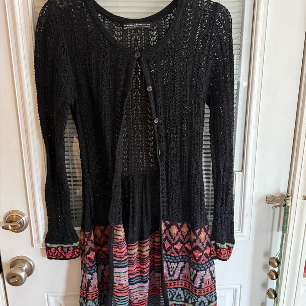 Peruvian Connection Black and Red Long Sleeve Crew Neck Cardigan